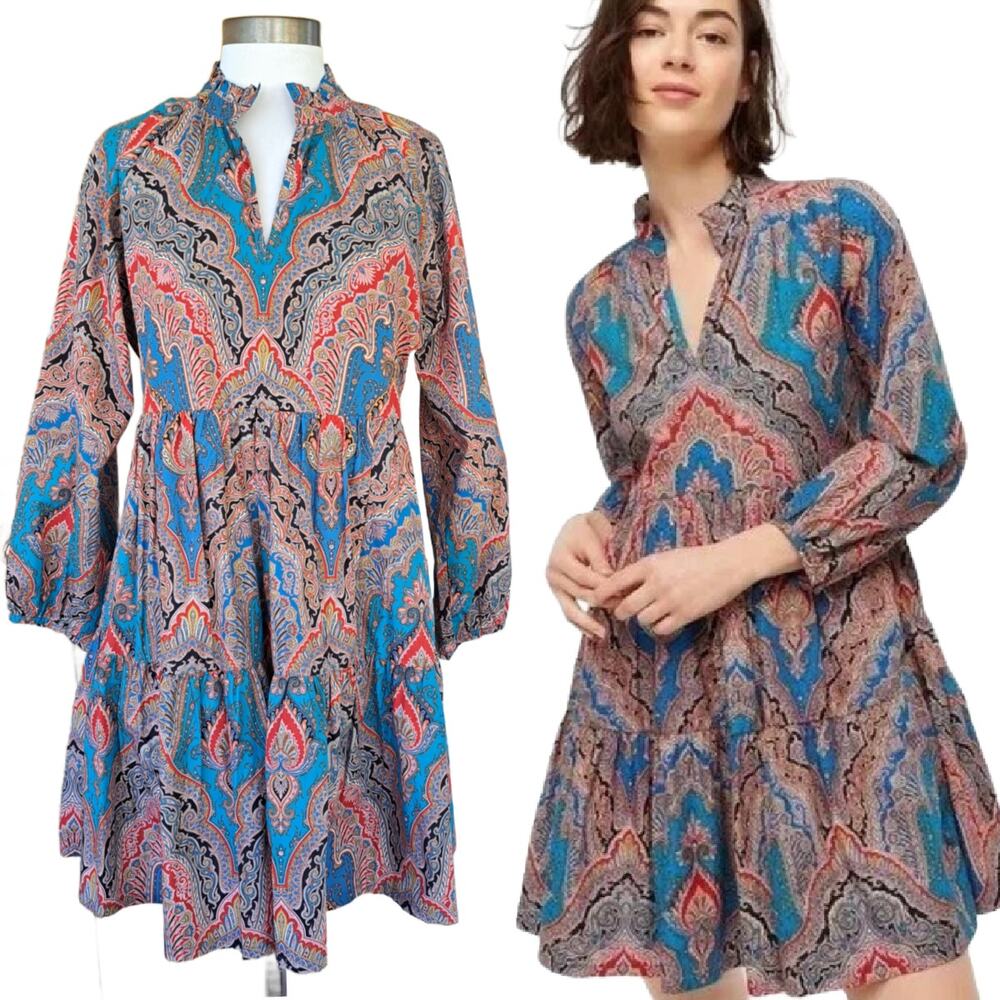 J CREW Rebecca Tiered Poplin Ratti Mediterranean Paisley Print Dress Size Medium